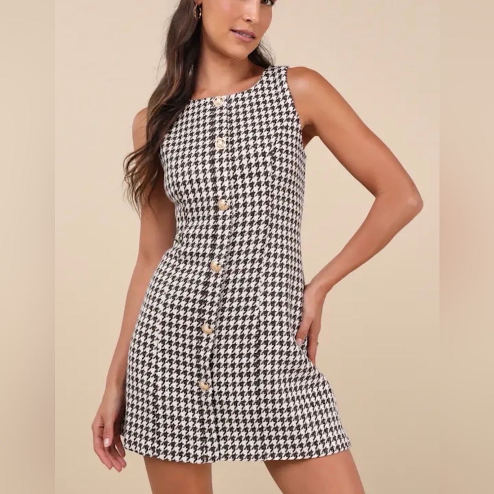 Lulus Coveted Poise Brown Houndstooth Button-Front Shift Mini Dress Medium